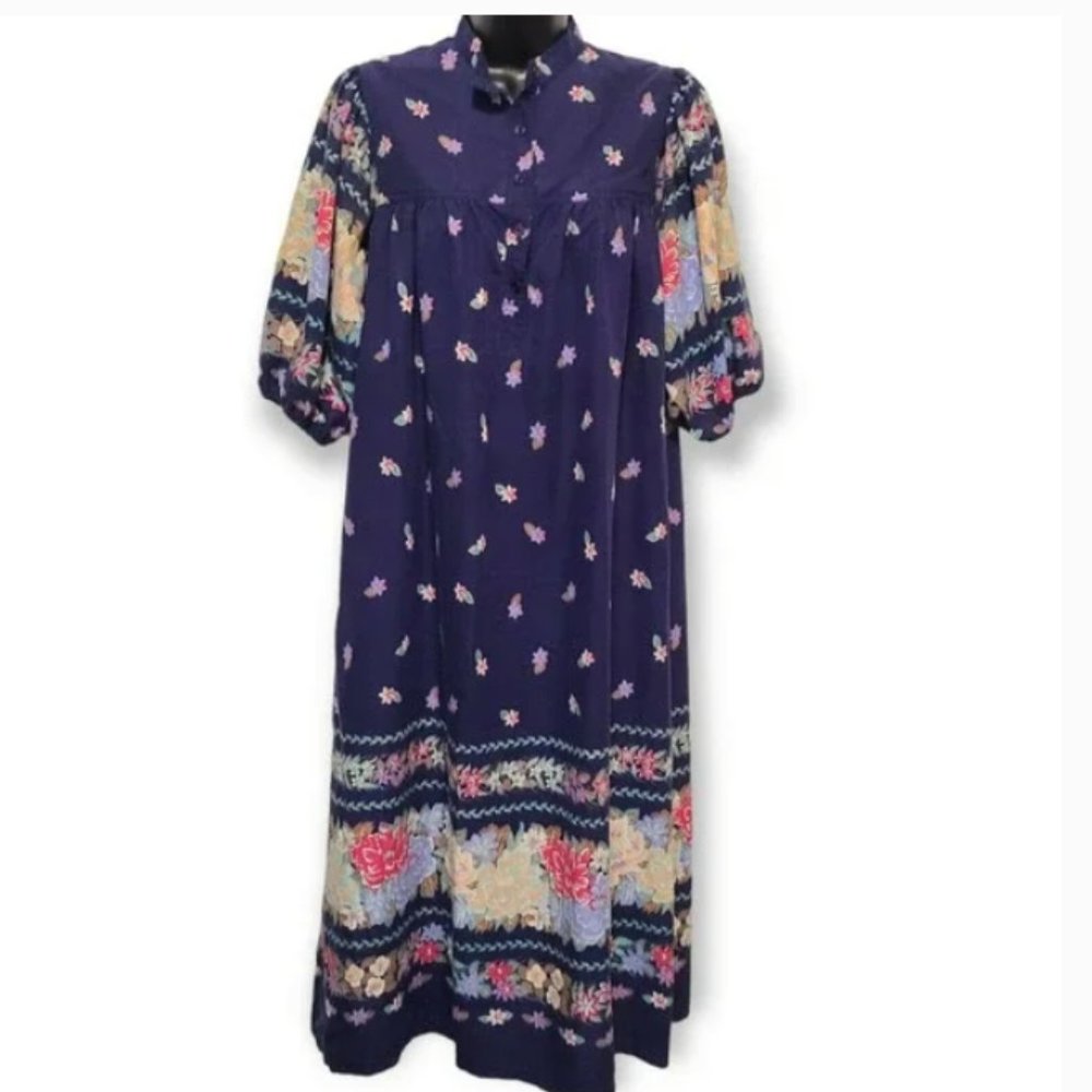 Robbie Bee Blue Floral Belted Puff Sleeve Cottagecore Dress Small - Picture 4 of 6